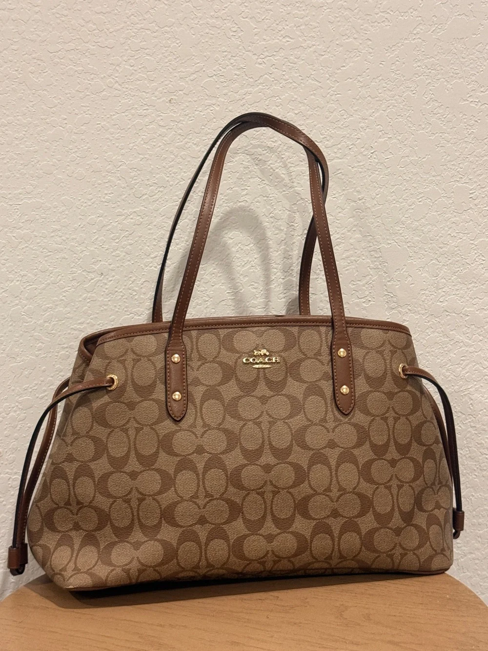 Coach Brown Signature Canvas Tote with Leather Trim